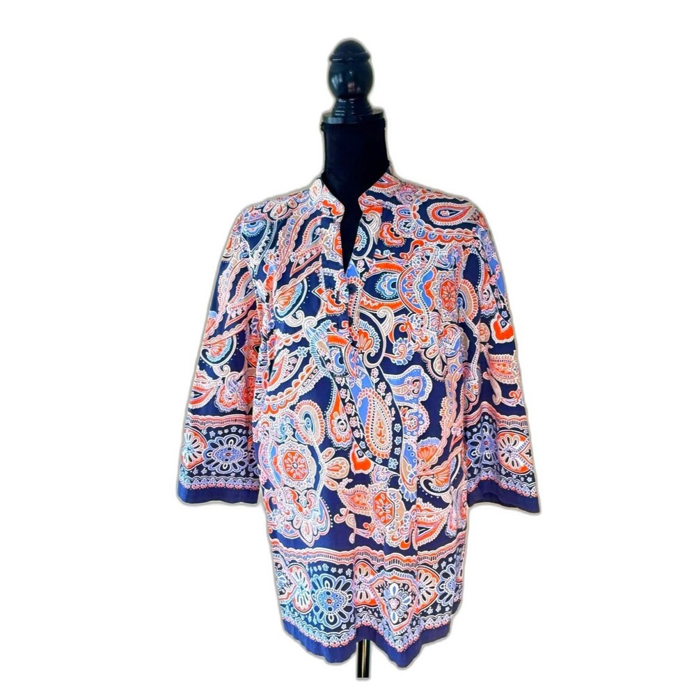 Jones New York Women's Plus Size 1X Paisley Tunic V Neck Blouse Stretch Cotton
